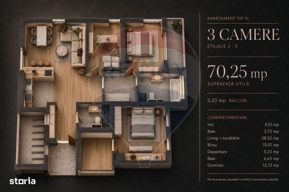 Apartament 3 camere, 70,25 mp utili, 2 băi + balcon | Tractorul