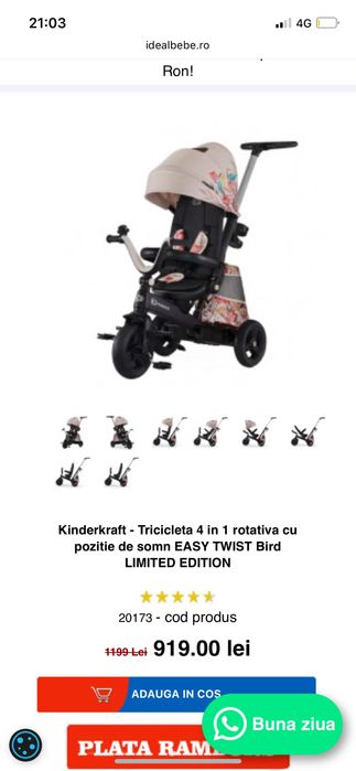 Vand tricicleta Kinderkraft 4 in 1 rotativa cu pozitie de somn