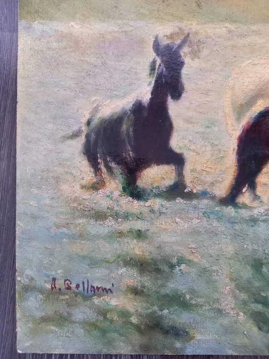 A. Bellomi – „Cai traversând apa” – ulei pe carton, 50 × 35 cm
