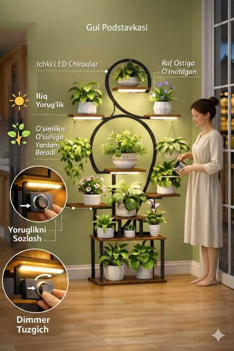 Подставка для цветов напольная с подсветкой, фигурный стеллаж в декор