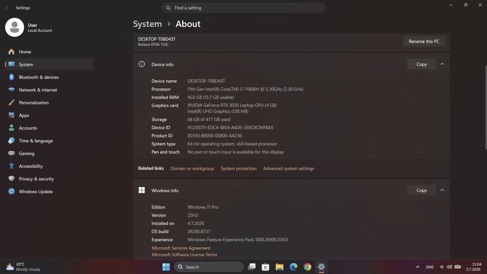 MSI Katana GF66 11UC | Intel i7-11800H | Nvidia RTX 3050 4GB | 16GB RAM DDR4 | 512GB SSD NVMe | 144Hz | Отлично състояние