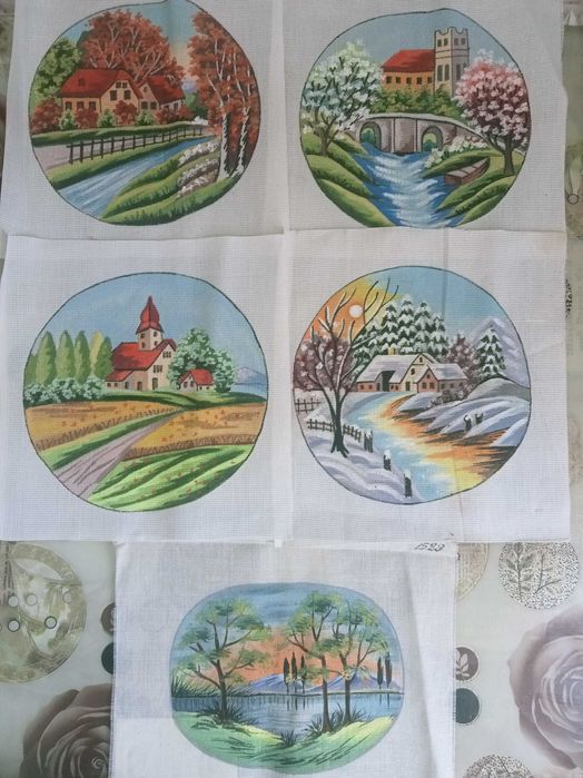 Set 5 buc pânză imprimată pt goblen (România 1982)