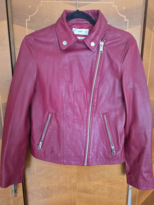 Geaca piele naturala grena, marime S, Mango