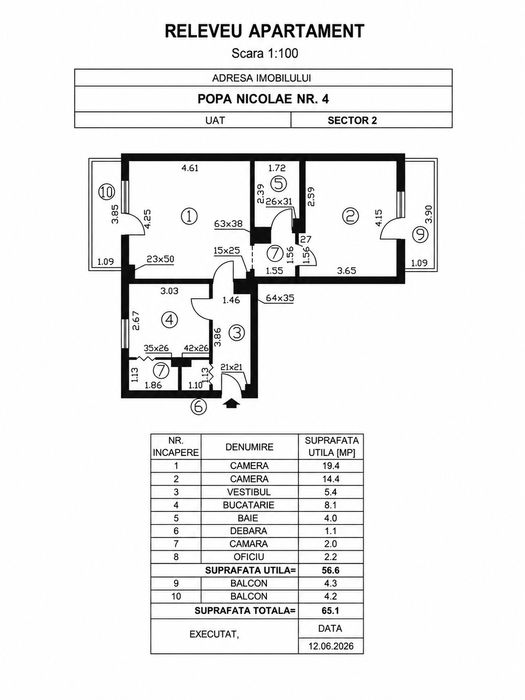 Apartament 2 camere 65mp / etaj 1/4 confort 1 / bloc beton