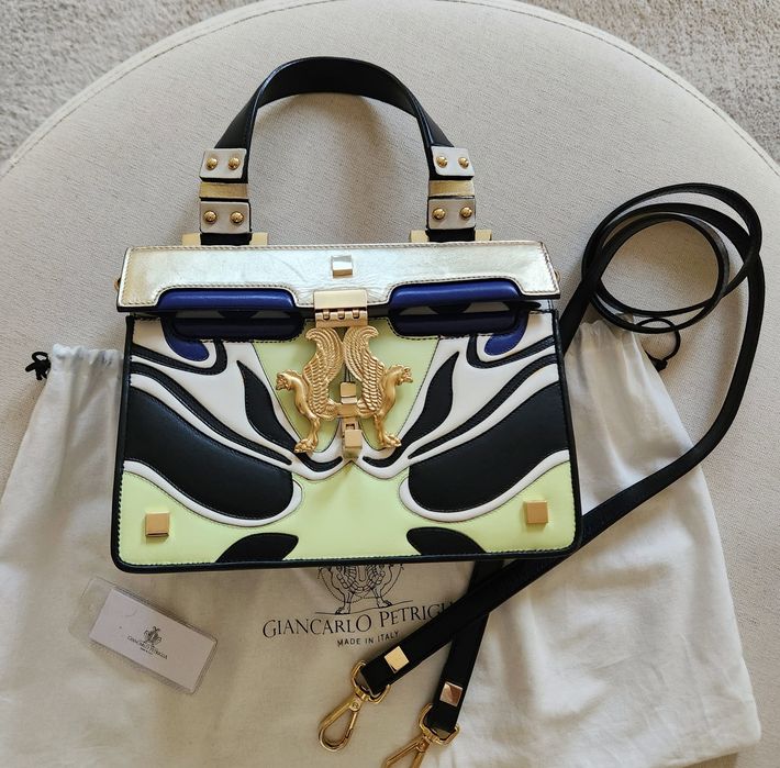 Кожена чанта Giancarlo Petriglia дръжки лого златиста синя черна зелен