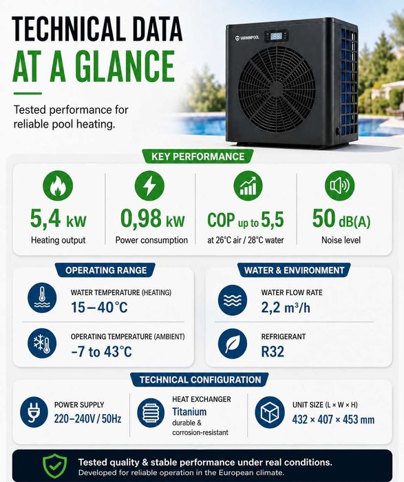 Нова Термопомпа за басейн 5.4 kW VARMINPOOL, отопление/охлаждане, WiFi