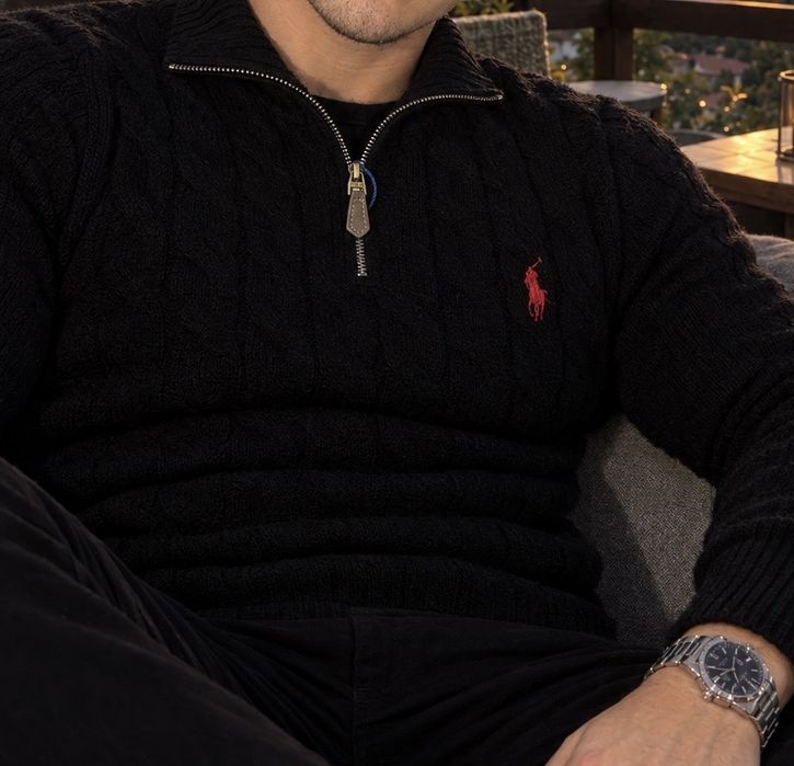 Pulover Polo Ralph Lauren Cable Knit Quarter Zip Negru – M, ca nou