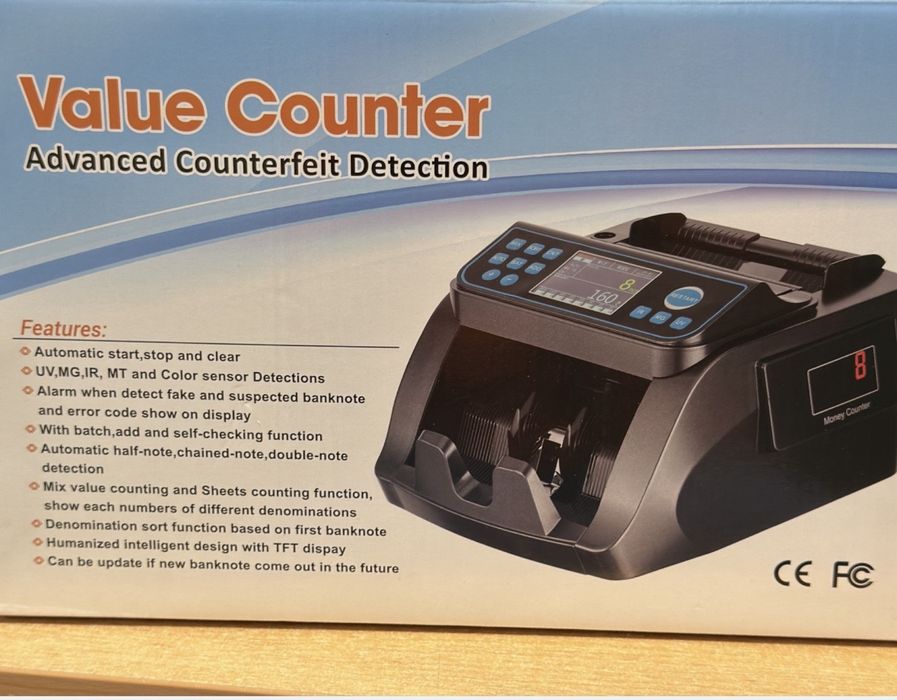 Професионална машина за броене на банкноти с детекция за фалшиви пари.