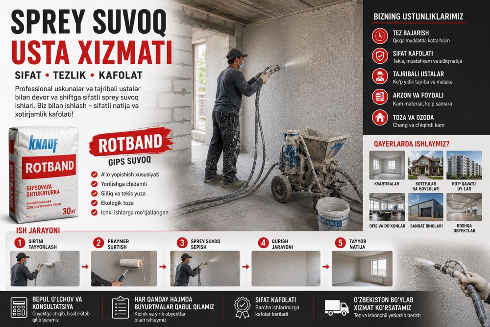 rotband suvoq, 30 000dan professional usta, штукатурка ротбанд, мастер