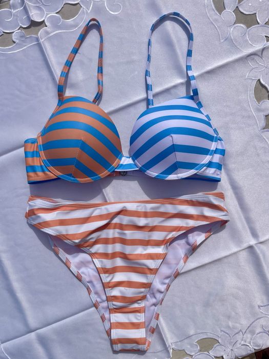 Bikini set alb portocaliu cu dungi Marime M