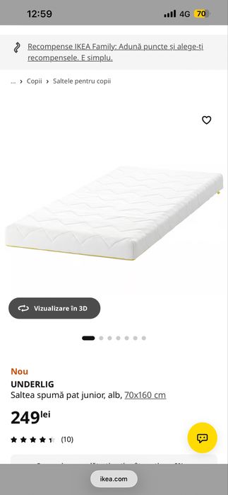 Pat junior IKEA 70x160 cm + saltea + husa impermeabila