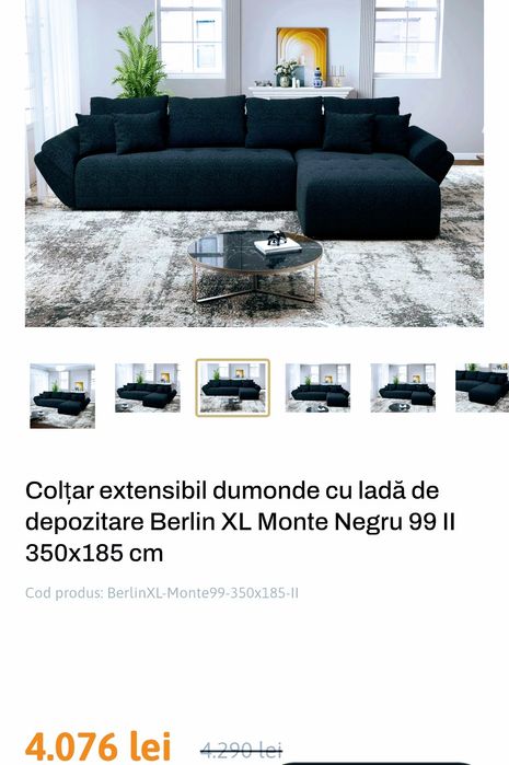 Colțar extensibil dumonde cu ladă de depozitare Berlin XL Monte Negru 99 II 350x185 cm