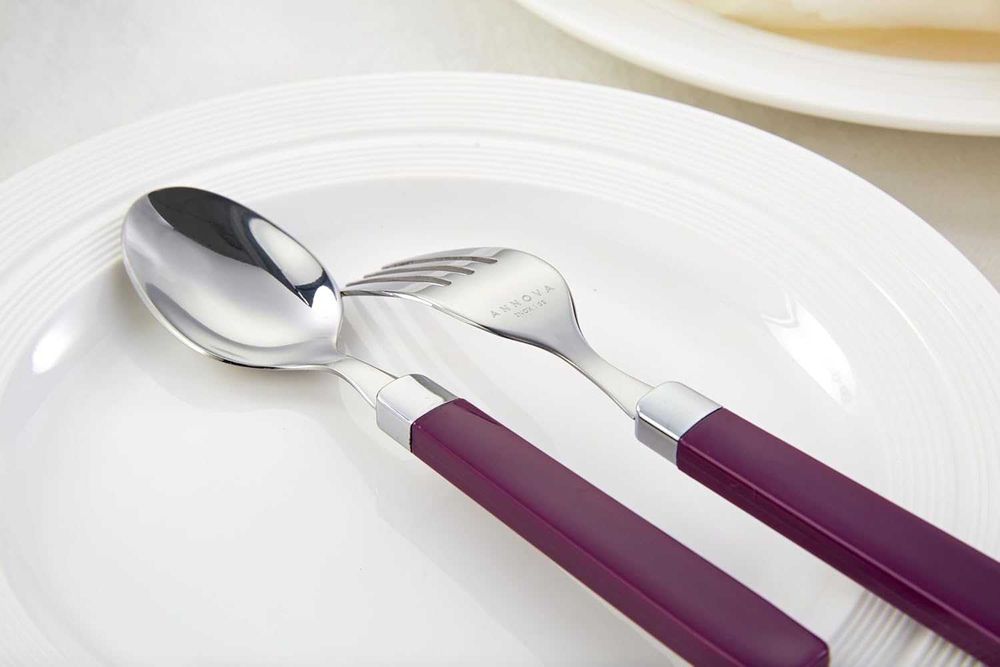 Комплект прибори от неръждаема стомана с лилави дръжки – 20 части