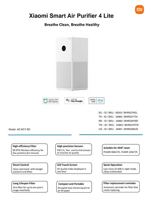 Havo tozalagich Xiaomi Smart Air Purifier 4 Lite EU