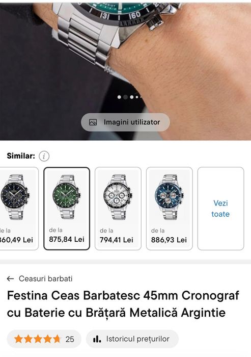 Festina Ceas Barbatesc 45mm Cronograf cu Baterie cu Brățară Metalică Argintie