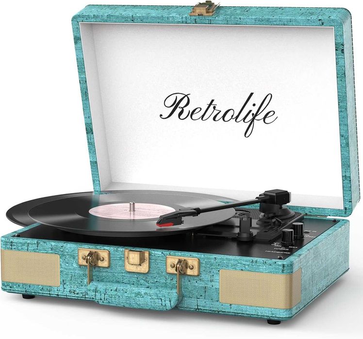 3-скоростен Bluetooth  винилов плейър, син с вградени високоговорители