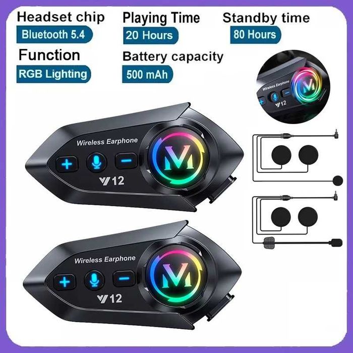 Интерком за каска Мото Intercom Слушалка за каска Блутут Bluetooth 5.4 Хендсфри за мотор Y12 2в1