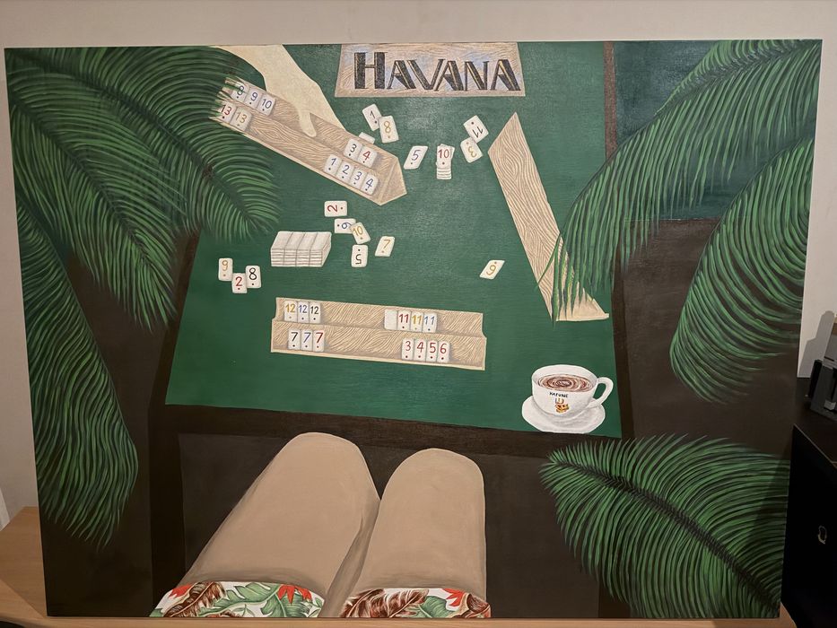 Pictura  cu tema ,,Femeie cubaneza jucand remi” in ulei pe panza