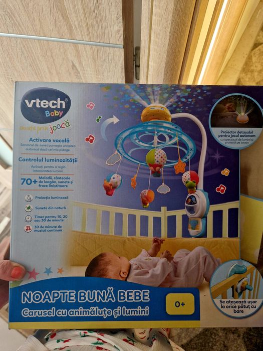 Carusel Muzical pentru Patutul Bebelusului cu Lumina de Veghe, Sunete si Melodii-  in Limba Romana