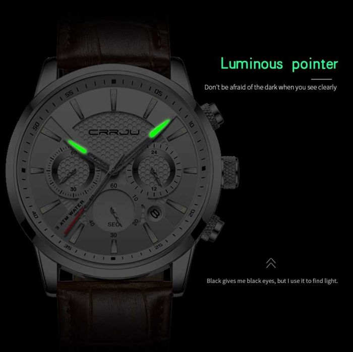Мужские кварцевые наручные часы CRRJU с кожаным ремешком в подар.упак