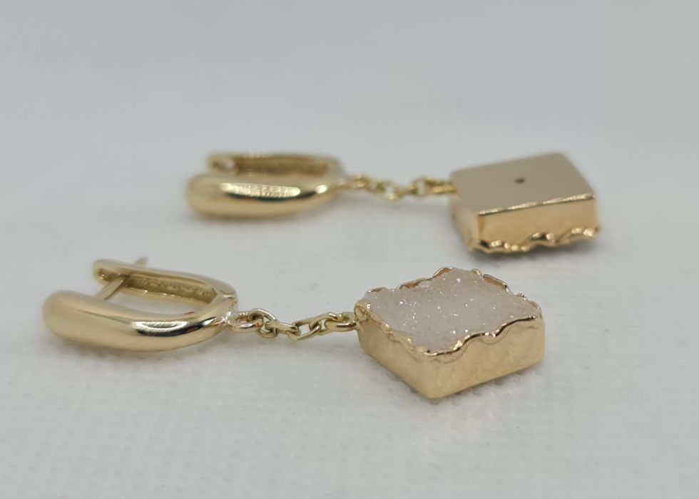 Cercei hamdmadi aur galben 14k cu druzy quartz natural