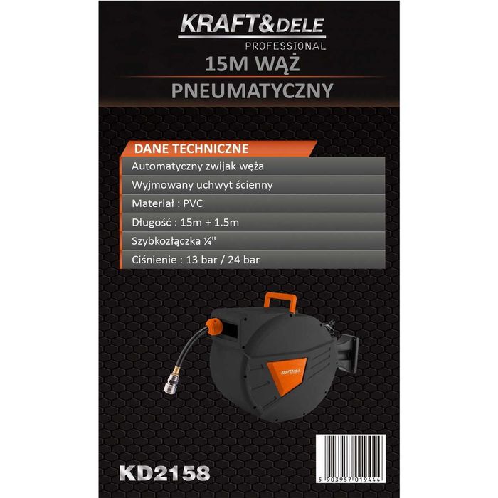 Furtun pentru aer, pneumatic retractabil, 1/4", 15 metri, Kraft