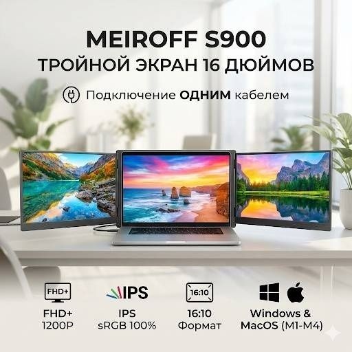 Портативный Тройной Экран MEIROFF S900 - 16дюйм FullHD+ 60hz, USB C
