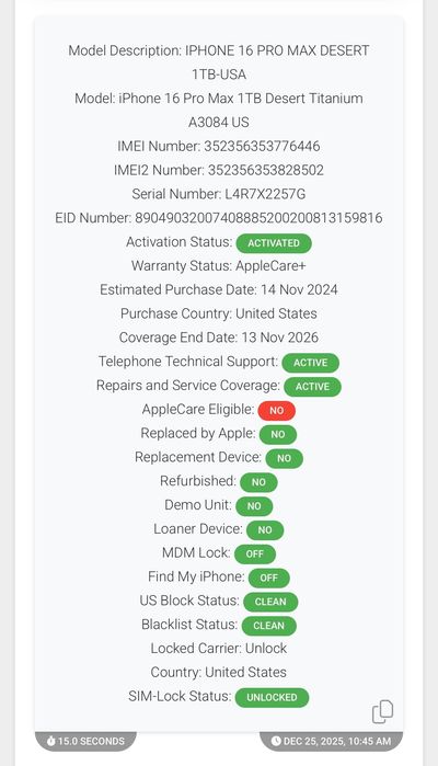 AppleCare+ iPhone 16 Pro Max 1TB 96% esim Desert Titanium Neverlocked