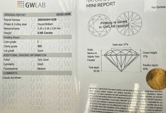 Продавам инвестиционен диамант - кръгъл - 0.66 карата