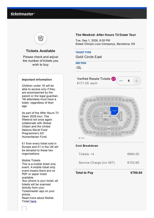 Продавам билети за Golden Circle Right - The Weeknd After Hours Til Dawn Tour, Барселона на 01.09.26г.