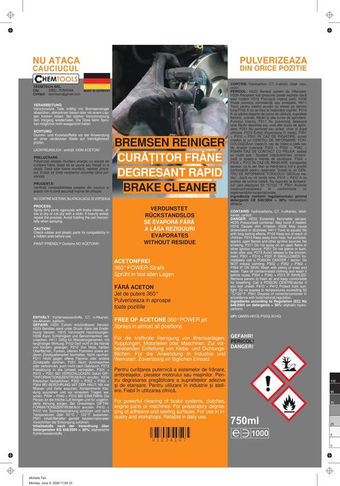 Spray curatare frane 750ml XXL inalt 100% Germania.Fara miros.Jet lung.Consumare 100%.Chemtools.12 buc/bax.Pret/buc+tva