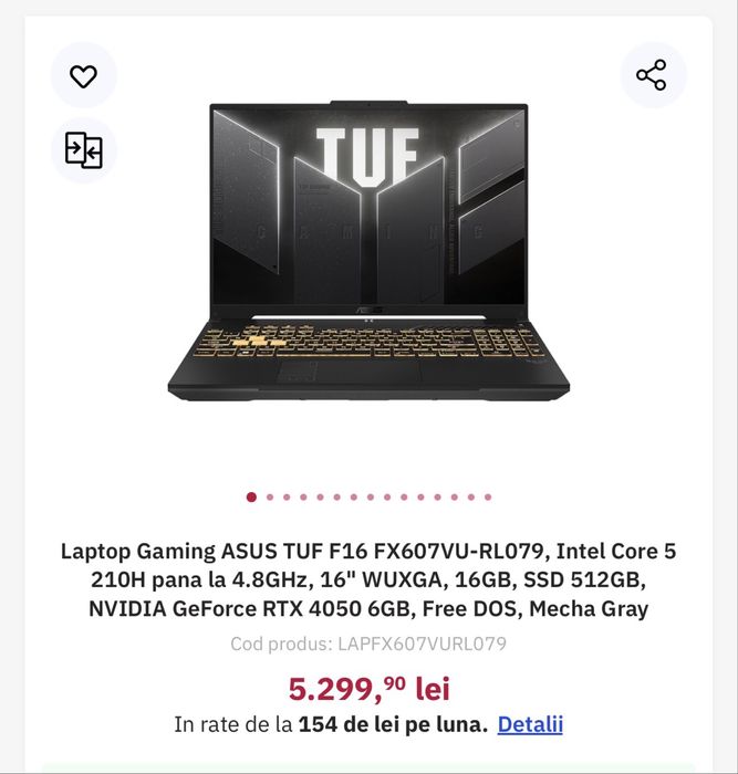 Laptop Gaming ASUS TUF F16 (RTX 4050, 16GB, 512GB) - Impecabil / Încă 1 an Garanție