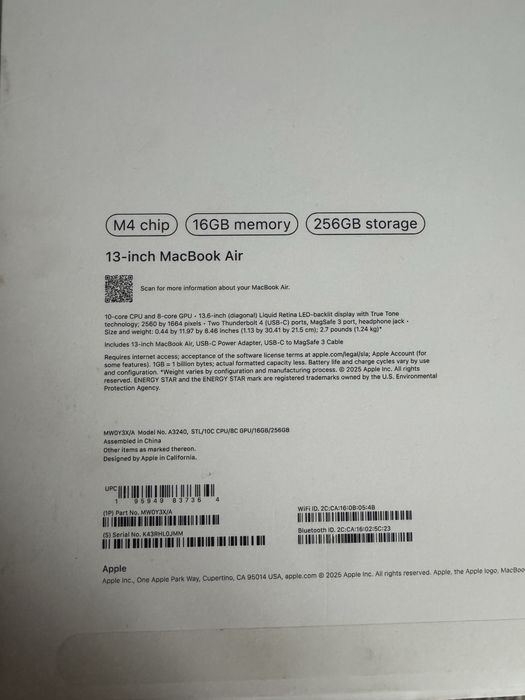 Macbook air 13, m4, 2025, 16/256gb