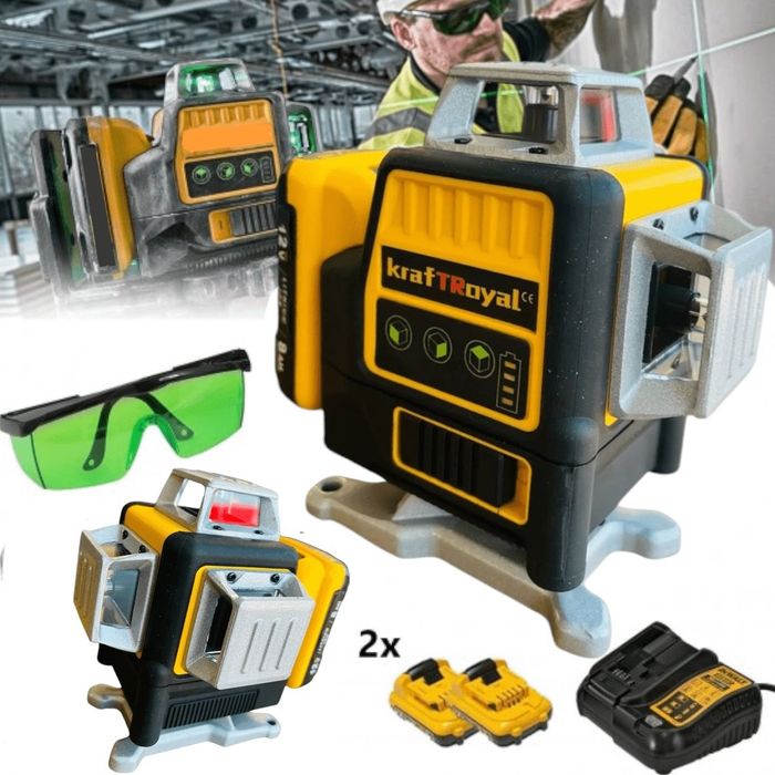 Лазерен нивелир Kraft Royal, самонивелиращ, 4D, дистнационно, жълт, 5V