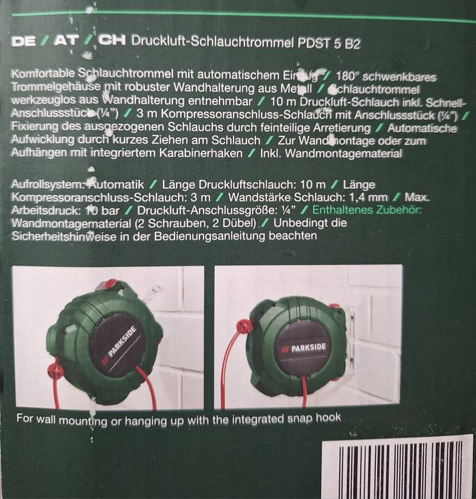 приставка за помпане на гуми макара и спирален маркуч на Parkside