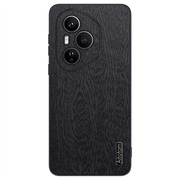 Удароустойчив гръб от еко кожа  с дървесна текстура за Honor 400 Pro - черен