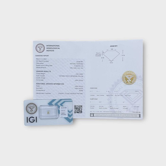 Естествен диамант 0.34ct IGI – Cushion Fancy за пръстен бижу