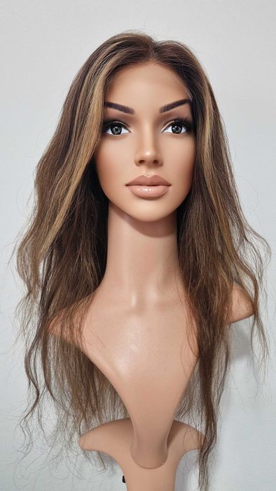 Естествена перука, кафява с руси кичури, 60 см, Lace 4х4