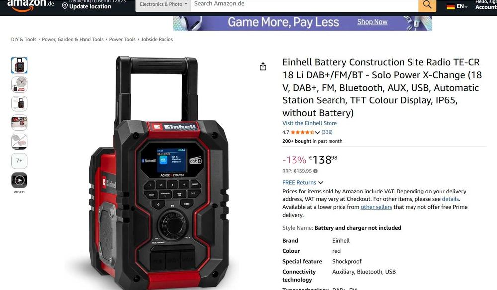 Radio santier Einhell TE-CR 18 Li DAB+/FM/BT - Solo Power X-Change