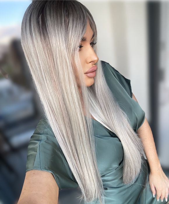 Peruca semi naturala blond gri ombre + spray peruci