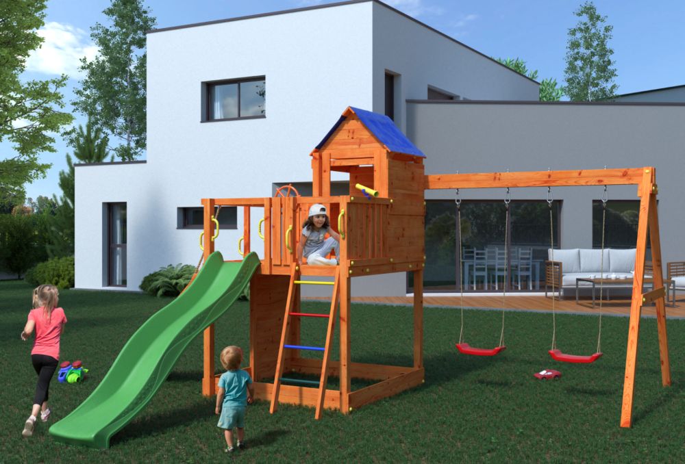 Fungoo TREEHOUSE дървена детска площадка с пързалка и люлки