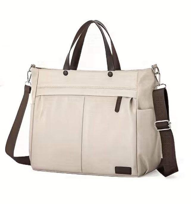 Чисто нова дамска чанта от плат, бежова с кафяво