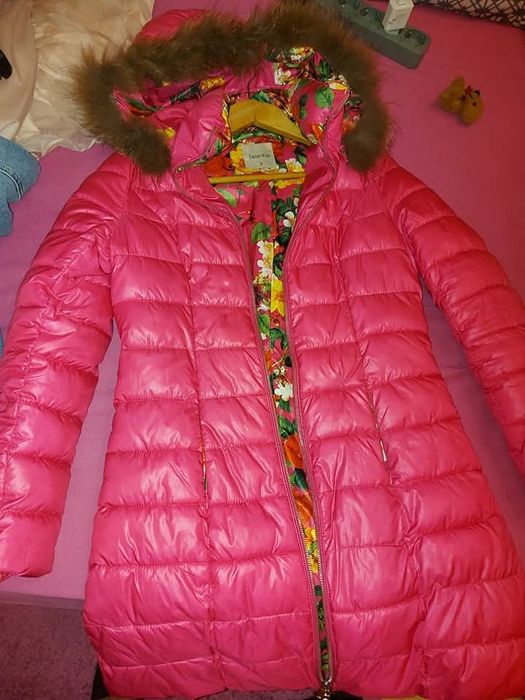 Бонбонено розово зимно яке с естествен пух
