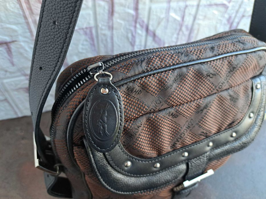 мъжка чанта,Longchamp малка текстилна кафява чанта-естествена кожа