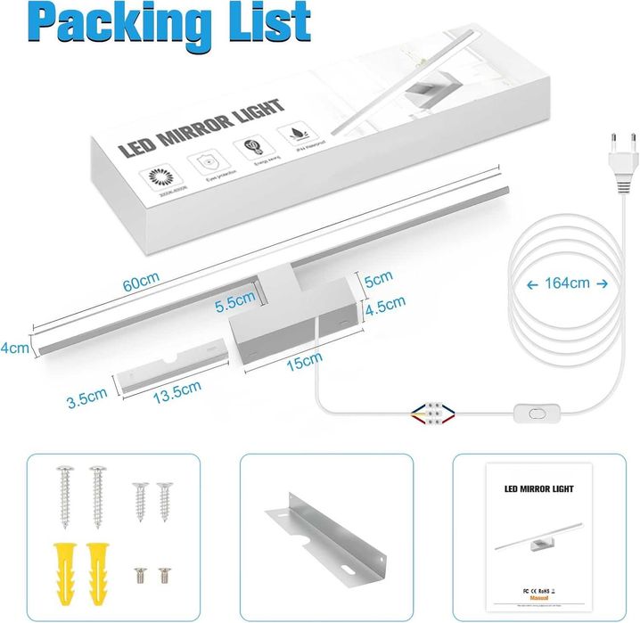 Lampă LED pentru oglindă de baie cu întrerupător, 18 W 80 cm