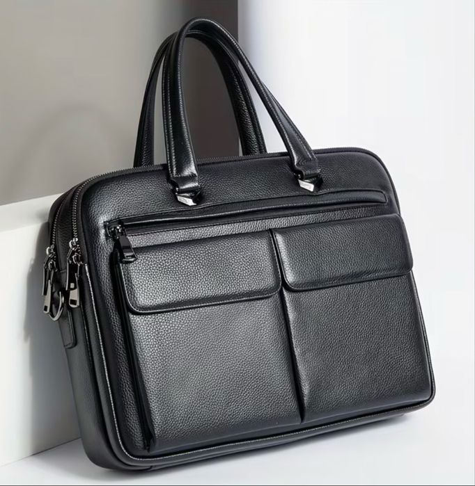 Мъжка,черна премиум бизнес чанта /Кожено куфарче за лаптоп 15”Промоция
