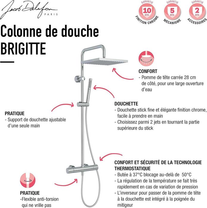 Душ колона с термостат и квадратна пита хром Jacob Delafon Brigitte