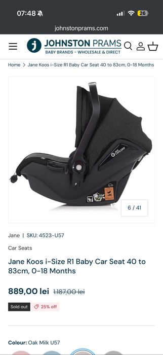 Scoica Jane Koos i-Size R1 Baby Car Seat 40 to 83cm, 0-18 Months