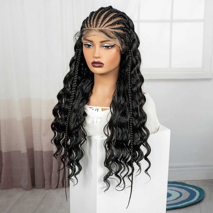 Екзотична черна перука с пълзящи плитки и къдрава дължина 70 см - Lace