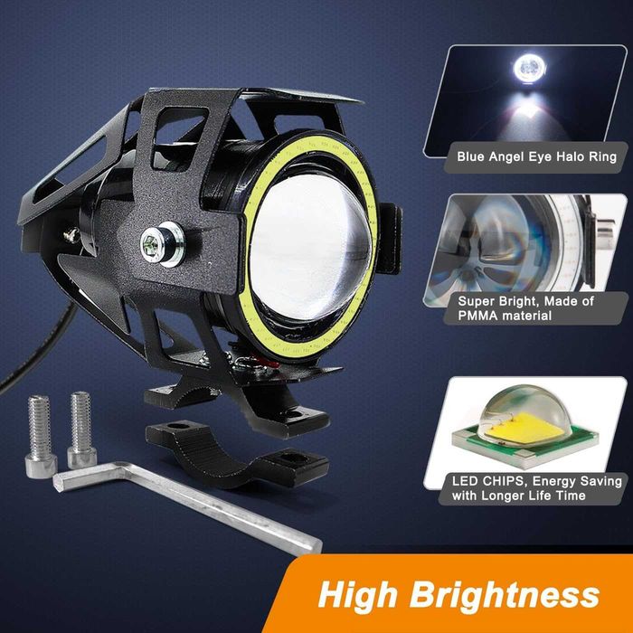 Мотоциклетни фарове Cree U7 LED фарове за мъгла, дневни светлини с бели ангелски очи